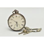 A SILVER CASED OPEN FACE POCKET WATCH, key wound movement, roman numerals, subsidiary dial at the