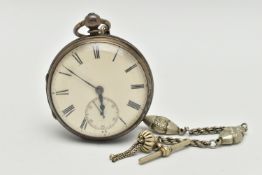 A SILVER CASED OPEN FACE POCKET WATCH, key wound movement, roman numerals, subsidiary dial at the