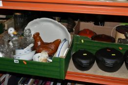 THREE BOXES OF KITCHEN WARES, GLASS AND CERAMICS ETC, two include a set if three cast iron Copco
