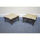 A PAIR OF ALUMINIUM FOOTSTOOLS, with open pieced decoration, on scrolled legs, 37cm squared x height