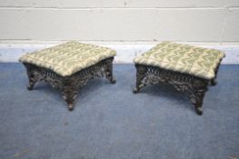 A PAIR OF ALUMINIUM FOOTSTOOLS, with open pieced decoration, on scrolled legs, 37cm squared x height