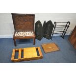 A SELECTION OF OCCASIONAL FURNITURE, to include an embossed leather fire screen, a gothic four panel