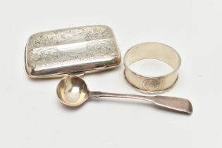 A SMALL ASSORTMENT OF SILVER ITEMS, to include a silver cigarette case, engraved with foliate