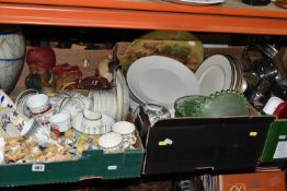 FOUR BOXES OF CERAMICS, GLASS AND METAL WARES ETC, to include six Minton 'St James' dinner plates,