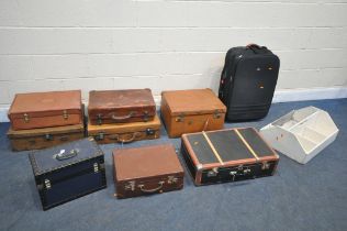 A SELECTION OF LUGGAGE, to include a tan leather suitcase, five various other suitcases, a wheeled