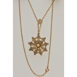 A VICTORIAN SEED PEARL PENDANT NECKLACE, the pendant of a floral design set with a central seed