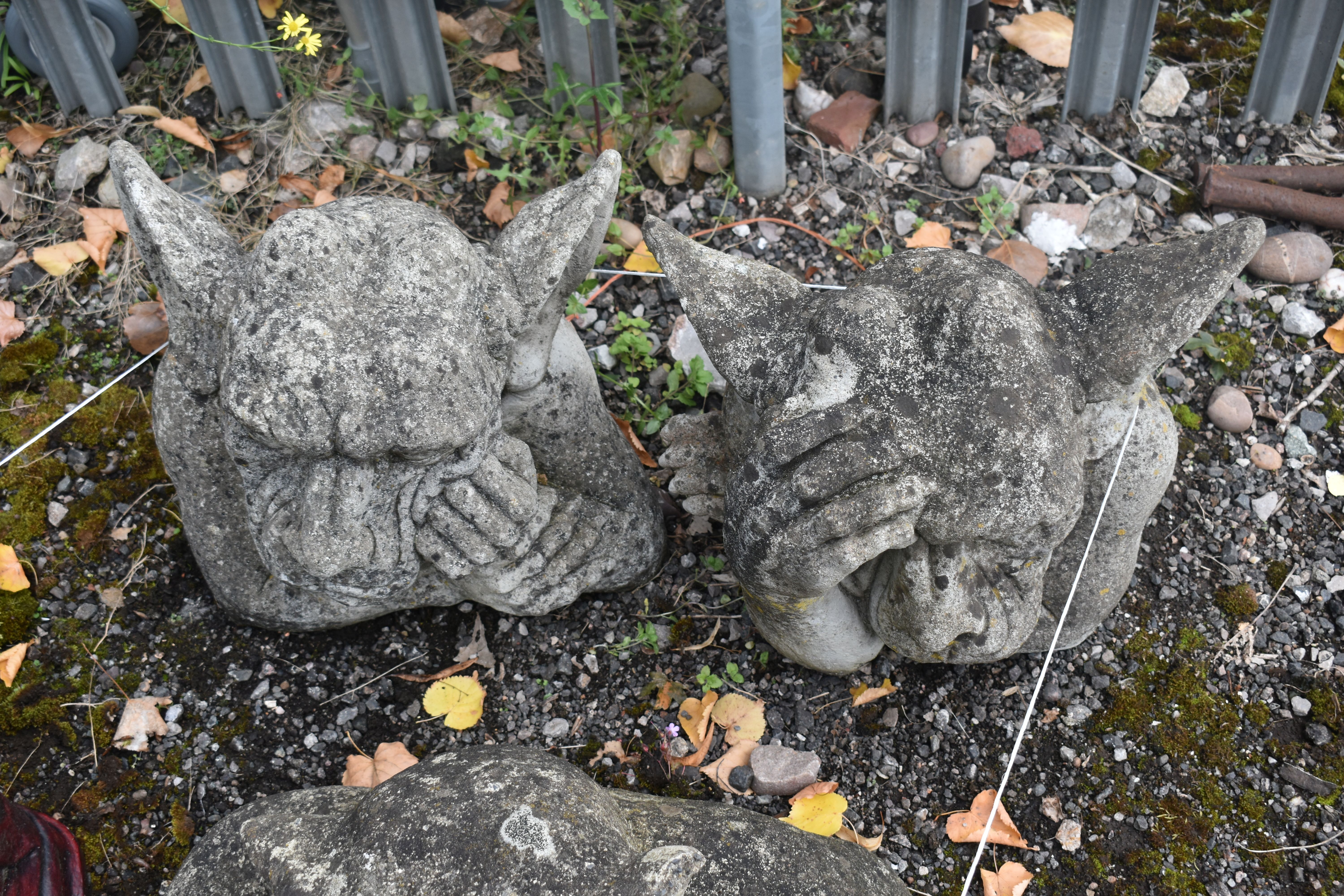 FOUR COMPOSITE GARDEN FIGURES OF A GROTESQUE, and a burgundy painted figure of a Buddha (5) - Image 4 of 5