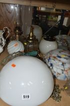 A COLLECTION OF LIGHT SHADES, LAMPS AND LIGHT FITTINGS, seventeen largely vintage pieces to