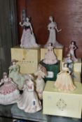 A GROUP OF TEN MATTE GLAZED COALPORT LADIES, comprising a boxed Age Of Elegance 'Matinée