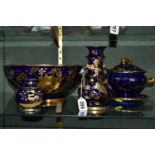 A GROUP OF COBALT BLUE AND GILT MASONS IRONSTONE WARES, comprising a baluster vase with twin rope