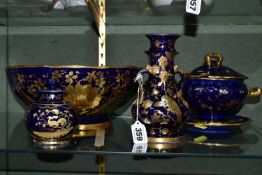 A GROUP OF COBALT BLUE AND GILT MASONS IRONSTONE WARES, comprising a baluster vase with twin rope