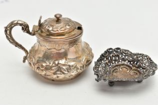 A SILVER MUSTARD POT AND A BONBON DISH, a large mustard pot with floral detail, hallmark rubbed,