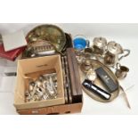 A BOX OF ASSORTED WHITE METAL, to include an 'Arthur Price' ladle, a 'Royal Worcester' cheese knife,