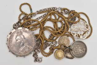 A SMALL BAG OF ASSORTED ITEMS, to include a mounted 1887 Victorian Crown coin, in a white metal