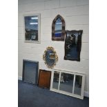 A SELECTION OF WALL MIRRORS, of various styles and sizes, along with a twin handled tray (7)