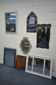A SELECTION OF WALL MIRRORS, of various styles and sizes, along with a twin handled tray (7)