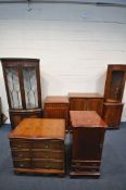 A SELECTION OF YEWWOOD/MAHOGANY LOUNGE FURNITURE, to include two corner cupboards, three hi-fi