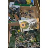 FOUR SMALL BOXES OF PLASTIC AND LEAD SOLDIERS AND VEHICLES, ETC, including ten Louis Marx plastic
