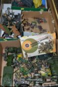 FOUR SMALL BOXES OF PLASTIC AND LEAD SOLDIERS AND VEHICLES, ETC, including ten Louis Marx plastic