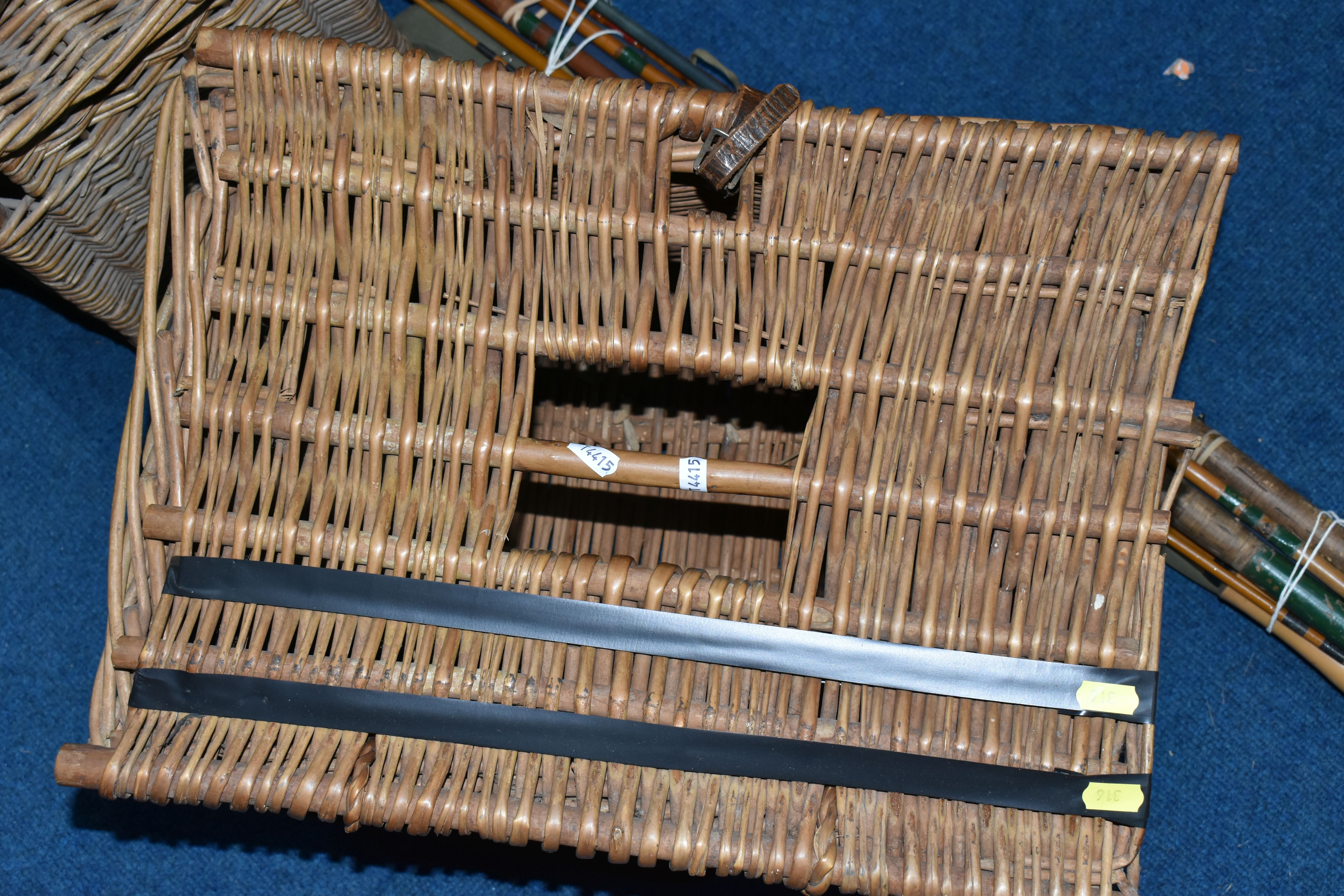 TWO WICKER FISHING BASKETS AND A GROUP OF VINTAGE FISHING RODS AND REELS, comprising two hinged - Image 4 of 6