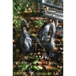 TWO CAST METAL GARDEN FIGURES OF GEESE, largest height 72cm (condition - both worn and weathered but