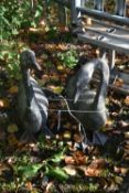 TWO CAST METAL GARDEN FIGURES OF GEESE, largest height 72cm (condition - both worn and weathered but