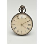 AN EARLY VICTORIAN SILVER OPEN FACE POCKET WATCH, the white dial with black Roman numerals, silver