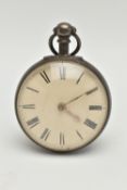 AN EARLY VICTORIAN SILVER OPEN FACE POCKET WATCH, the white dial with black Roman numerals, silver