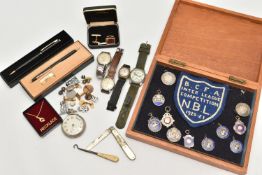 A BOX OF ASSORTED ITEMS, to include a wooden box with silver football fob medals, one stamped