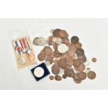 A SMALL BOX OF COINS, to include a pair of Faithful Service Police Medals to Trevor C Jones,