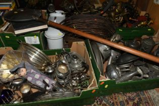 FOUR BOXES AND LOOSE METAL WARES ETC, to include boxed and loose flat wares, plated toast racks,