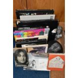 A BOX CONTAINING TWO SCULPTURES OF JOHN LENNON BY TOM MURPHY, AND BOOKS RELATING TO THE BEATLES,