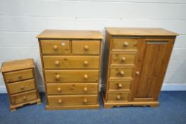 A MODERN PINE CHEST OF SIX DRAWERS, width 81cm x depth 48cm x height 112cm, along with a single door