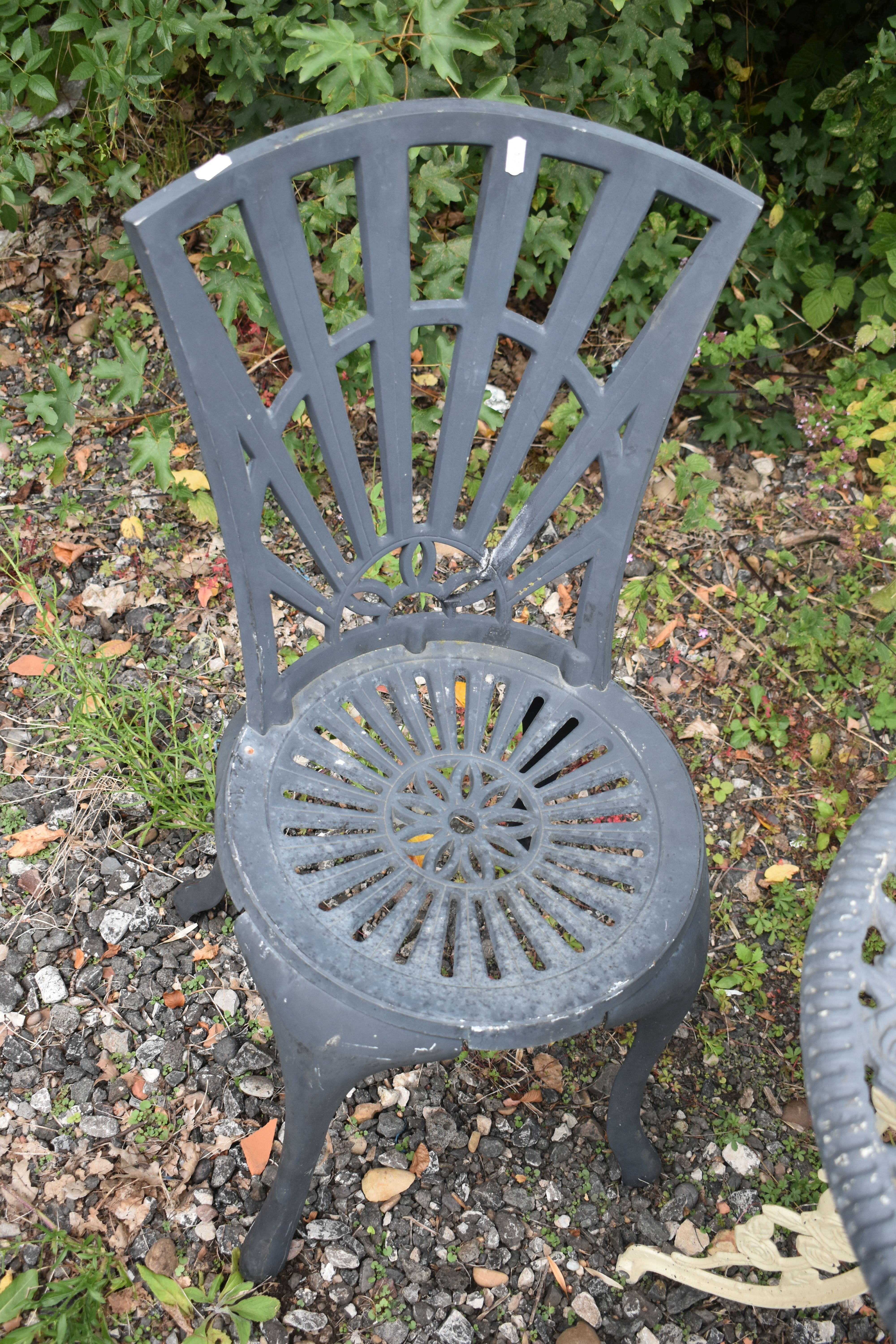 A GREY AND CREAM PAINTED ALUMINIUM THREE PIECE BISTRO SET, comprising a circular table, with pierced - Image 3 of 4