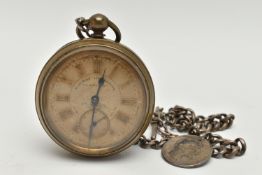 AN OPEN FACE POCKET WATCH, with Roman numerals and subsidiary seconds dial, face stamped Railway