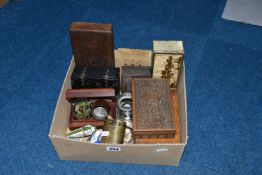 A COLLECTION OF CIGARETTE BOXES, a wooden musical box (plays Brahm's Lullaby), a vintage 'State