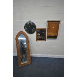 A PINE A FRAMED FLOOR MIRROR, two other mirrors, along with a pine wall mounted cabinet with a