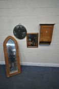 A PINE A FRAMED FLOOR MIRROR, two other mirrors, along with a pine wall mounted cabinet with a