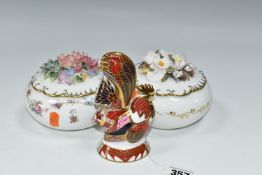 A ROYAL WORCESTER 'IMARI COCKEREL' CANDLE SNUFFER AND TWO ROYAL CROWN DERBY COVERED FLORAL BOXES,