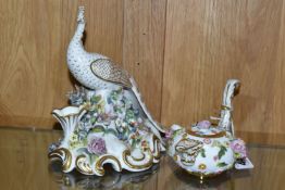 TWO PIECES OF 19TH CENTURY FLORAL ENCRUSTED DERBY PORCELAIN, comprising a Bloor Derby Roman oil lamp