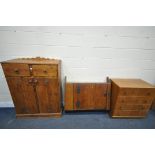 A STAINED PINE TWO DOOR CABINET, with two drawers, width 97cm x depth 40cm x height 130cm, a stained