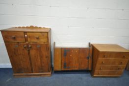 A STAINED PINE TWO DOOR CABINET, with two drawers, width 97cm x depth 40cm x height 130cm, a stained