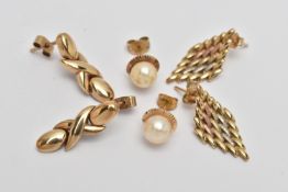 THREE PAIRS OF EARRINGS, two pairs of 9ct gold drop earrings, hallmarked 9ct Birmingham, approximate