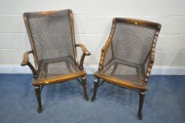 A PAIR OF LADIES AND GENTS STAINED BEECH BERGERE ARMCHAIRS (condition report: good) (2)