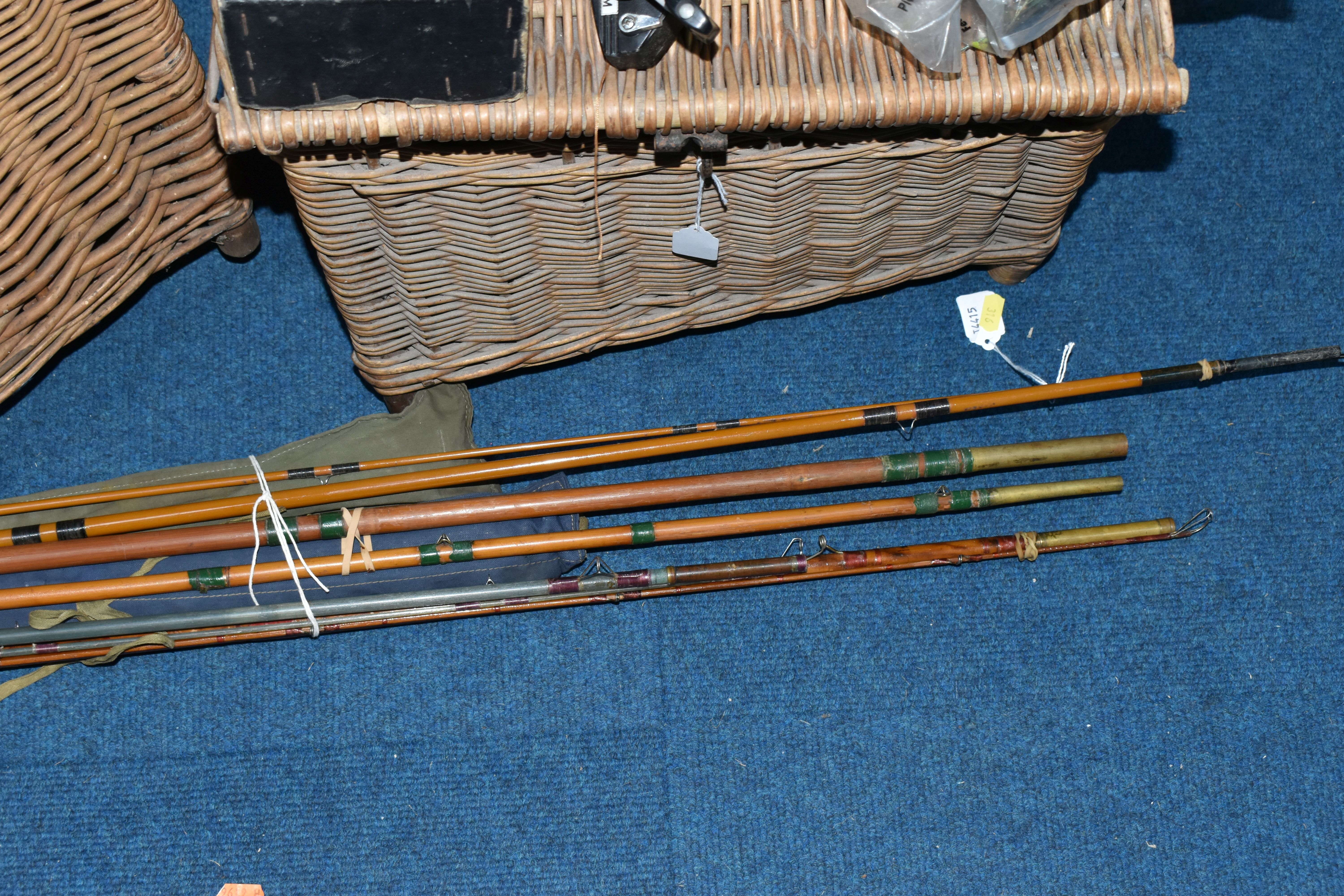 TWO WICKER FISHING BASKETS AND A GROUP OF VINTAGE FISHING RODS AND REELS, comprising two hinged - Image 6 of 6