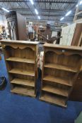 A PAIR OF MODERN PINE OPEN BOOKCASES, width 62cm x depth 22cm x height 135cm (condition report: