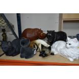 THREE LARGE CAT FIGURINES, comprising a ceramic Siamese cat, a black cat and long haired white
