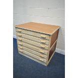 A STRIPPED AND PARTIALLY RESTORED SIX DRAWER PLAN CHEST, width 99cm x depth 74cm x height 77cm (