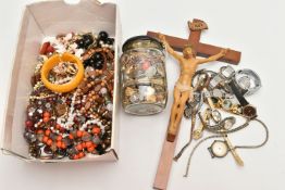 A BOX OF ASSORTED ITEMS, to include a selection of beaded jewellery items, a jar of assorted costume