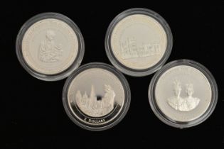 FOUR SILVER COINS, each within a protective capsule, to include a 1997 One Dollar, Queen Elizabeth